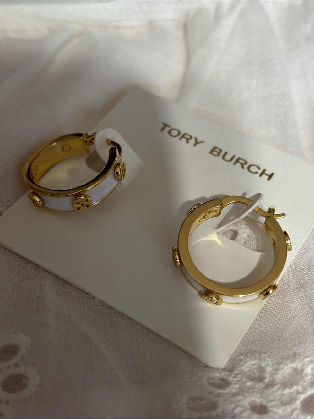 Tory Burch White Enamel and Gold Logo Hoop Earrings